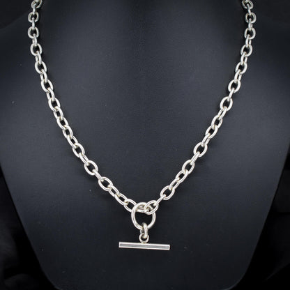 Vintage Sterling Silver Oval Cable Link Watch Chain Necklace with T-Bar and Dog Clips – 18"