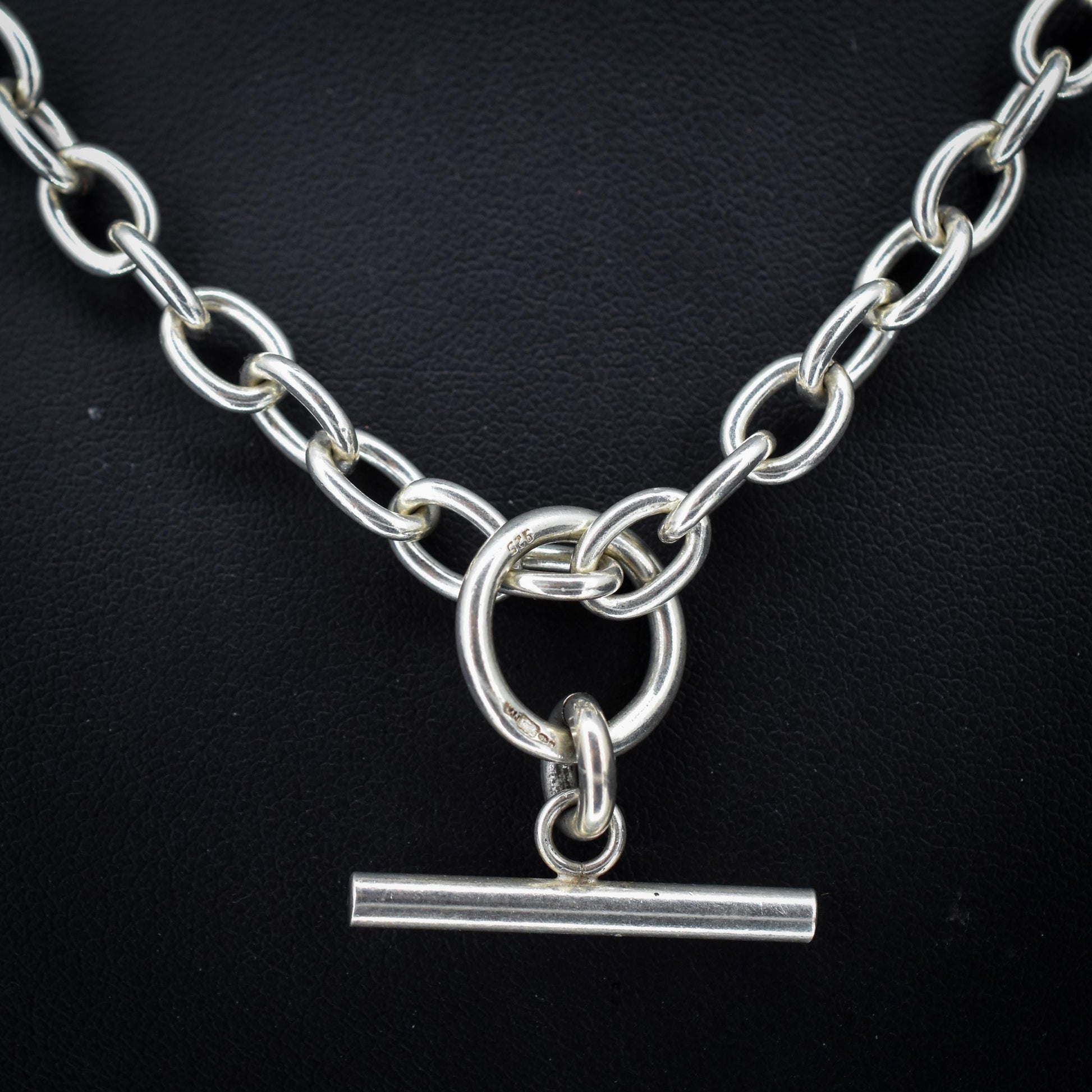 Vintage Sterling Silver Oval Cable Link Watch Chain Necklace with T-Bar and Dog Clips – 18"