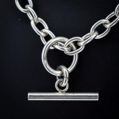 Vintage Sterling Silver Oval Cable Link Watch Chain Necklace with T-Bar and Dog Clips – 18"