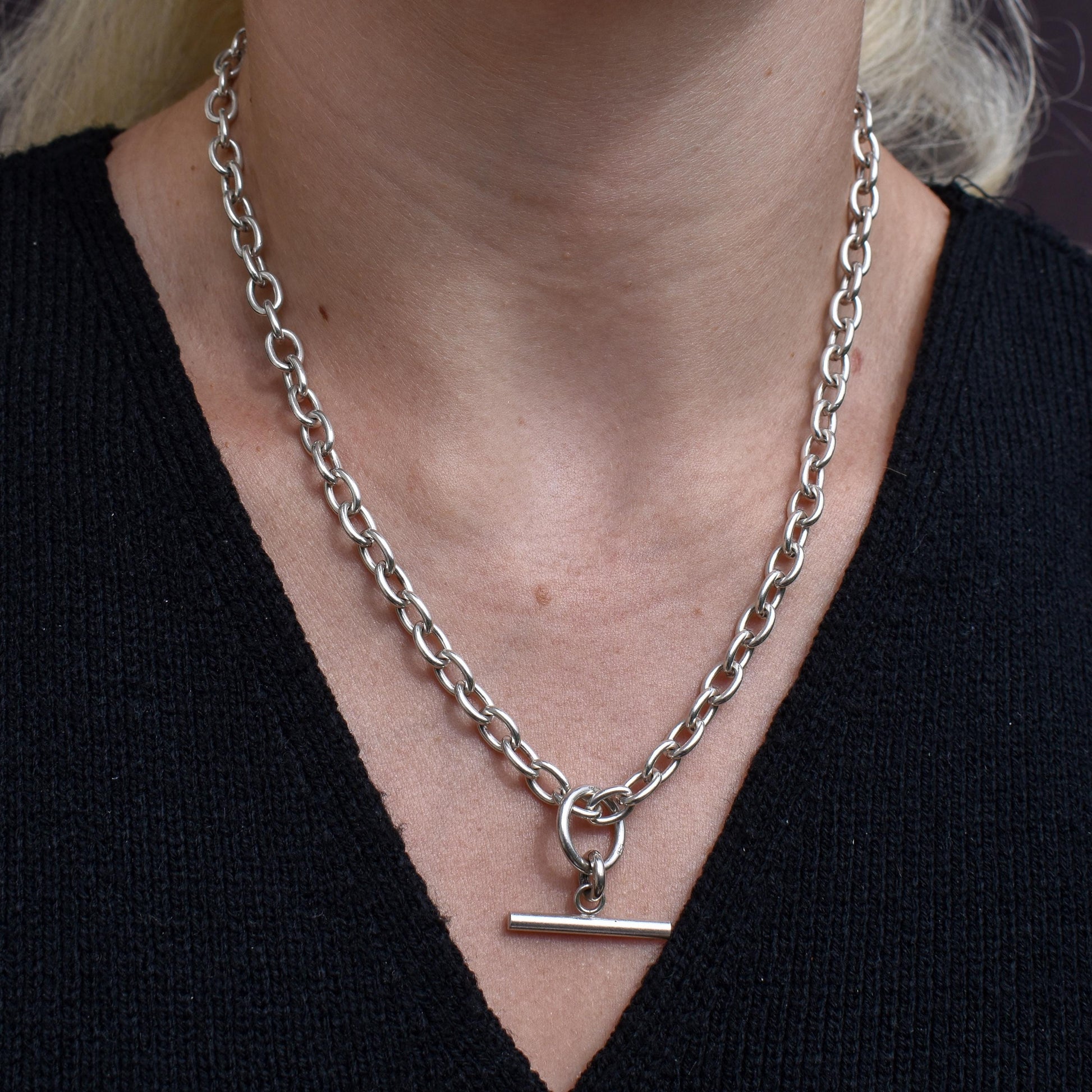 Vintage Sterling Silver Oval Cable Link Watch Chain Necklace with T-Bar and Dog Clips – 18"