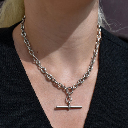 Antique 16.25" Sterling Silver Mariner Anchor Link Watch Chain Necklace