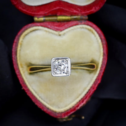 Antique 0.30ct Old Cut Diamond Square Solitaire 18ct Gold Engagement Ring