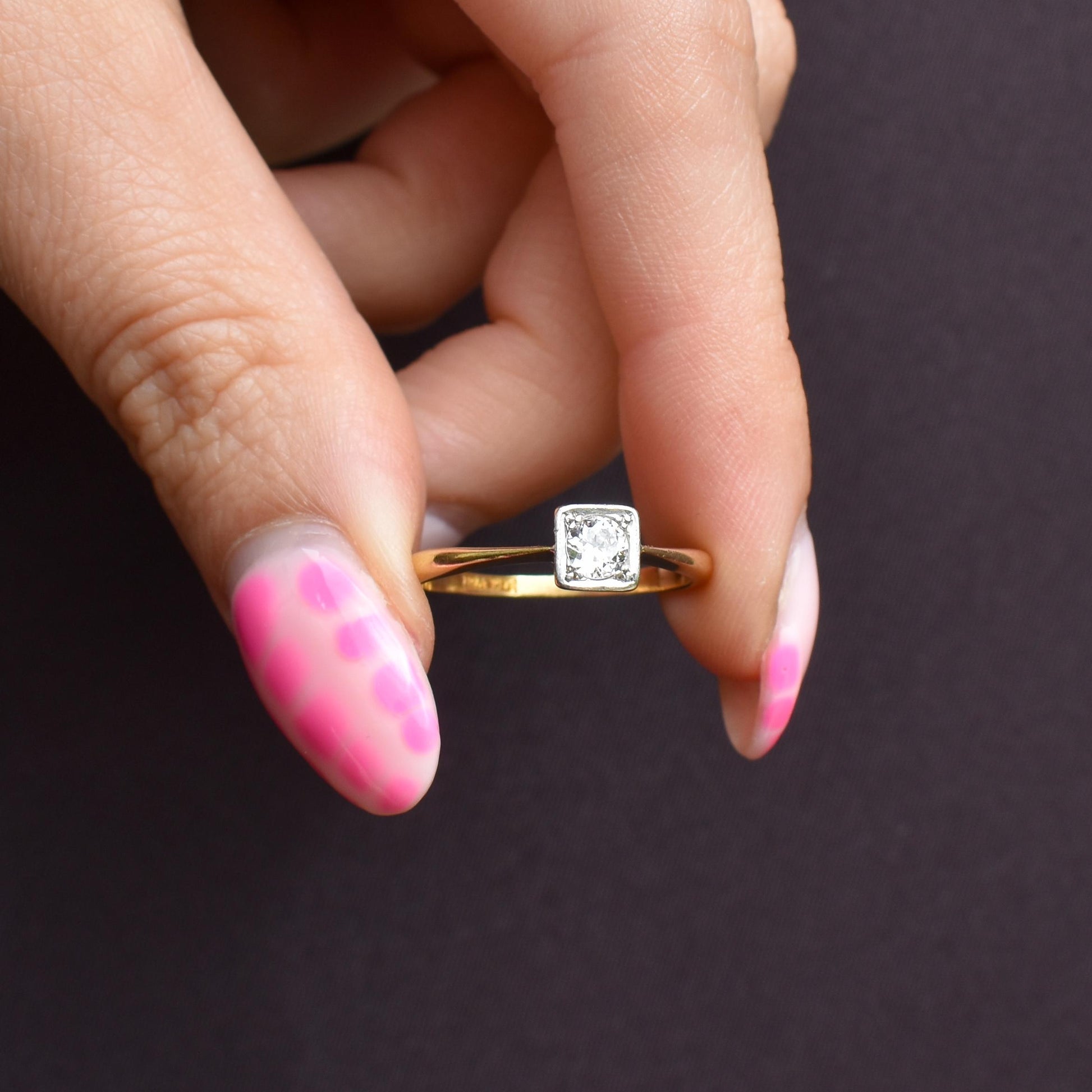 Antique 0.30ct Old Cut Diamond Square Solitaire 18ct Gold Engagement Ring