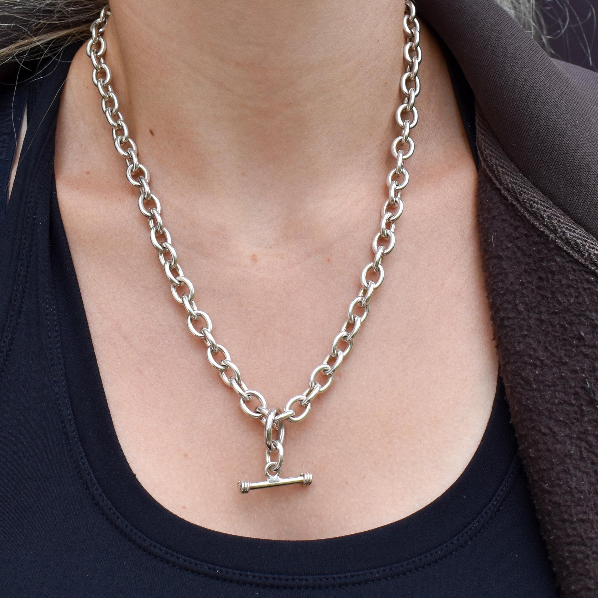 Vintage Sterling Silver Cable Link Watch Chain Necklace with T-Bar and Dog Clips – 19"
