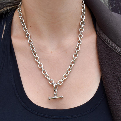 Vintage Sterling Silver Cable Link Watch Chain Necklace with T-Bar and Dog Clips – 19"