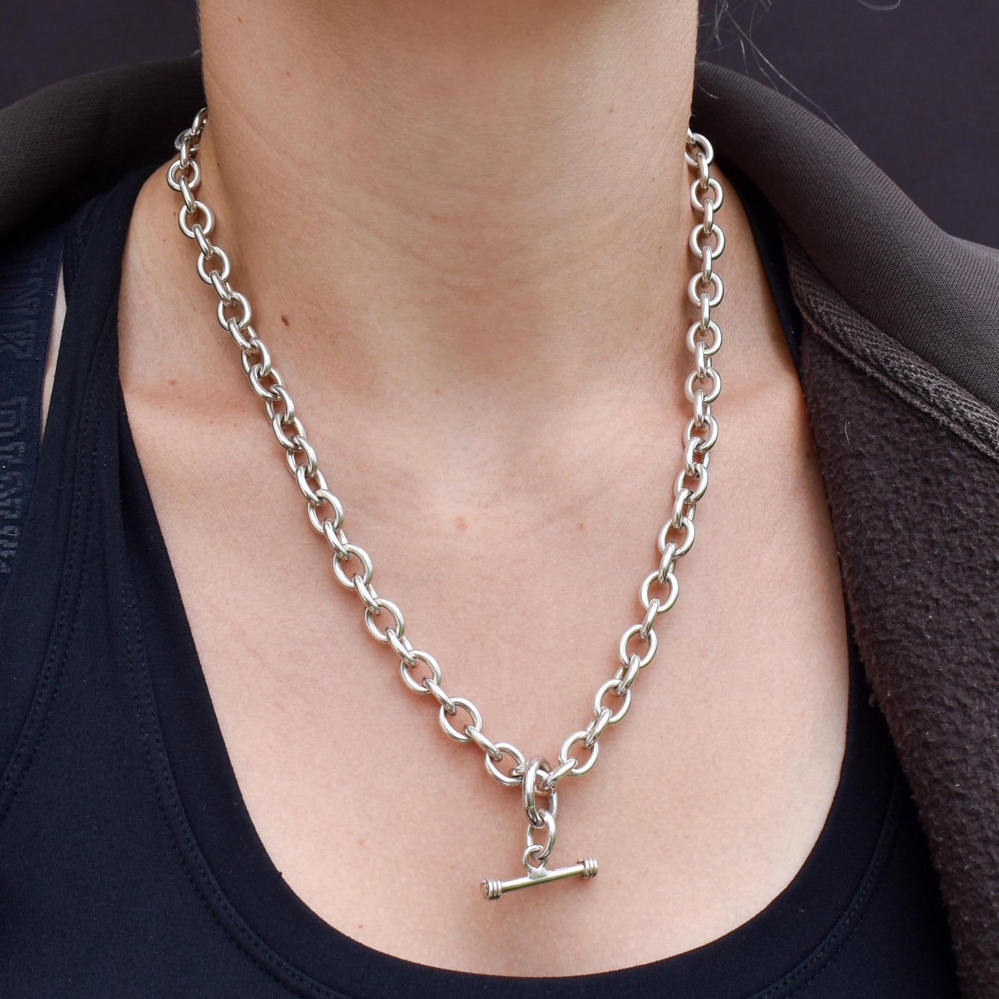 Vintage Sterling Silver Cable Link Watch Chain Necklace with T-Bar and Dog Clips – 19"