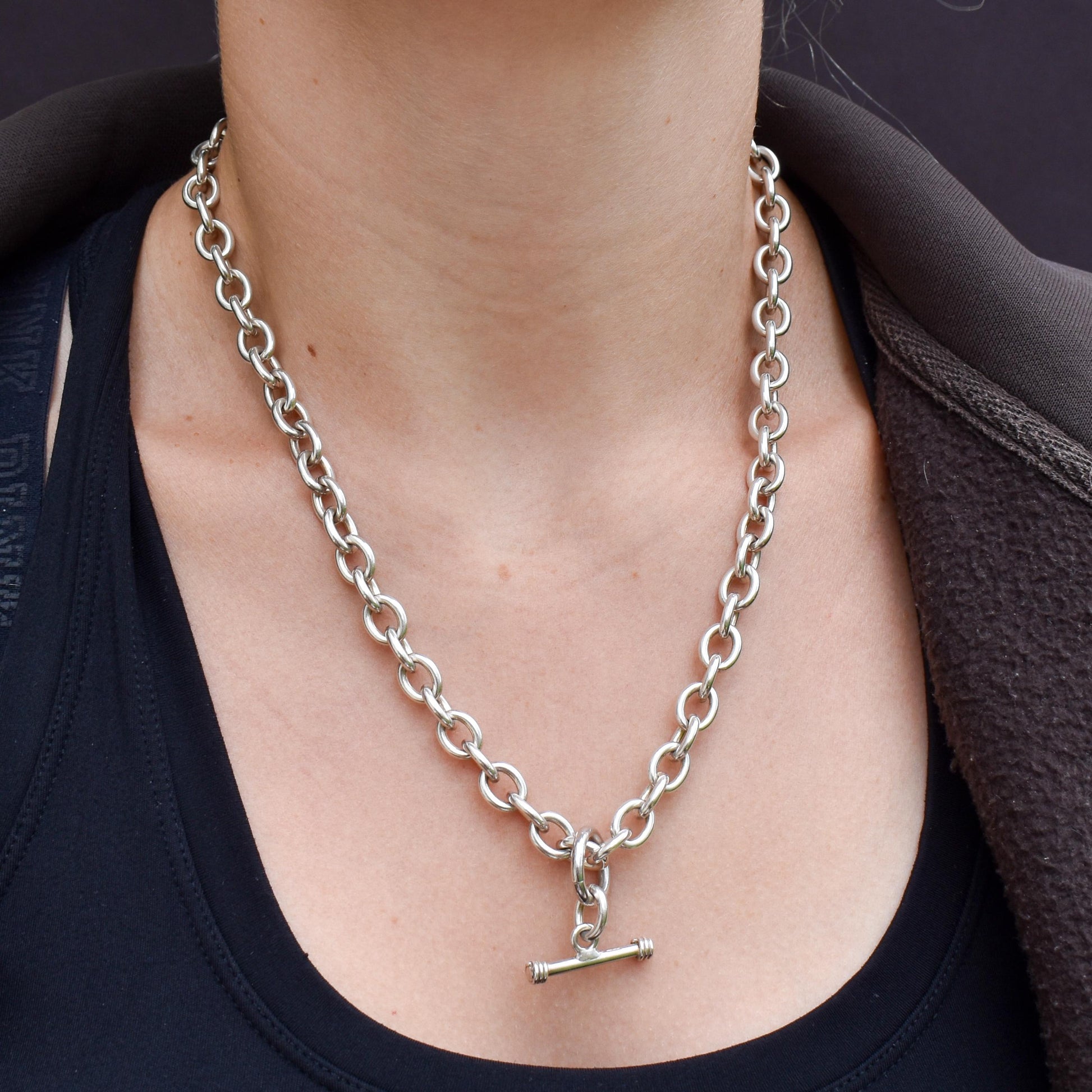 Vintage Sterling Silver Cable Link Watch Chain Necklace with T-Bar and Dog Clips – 19"