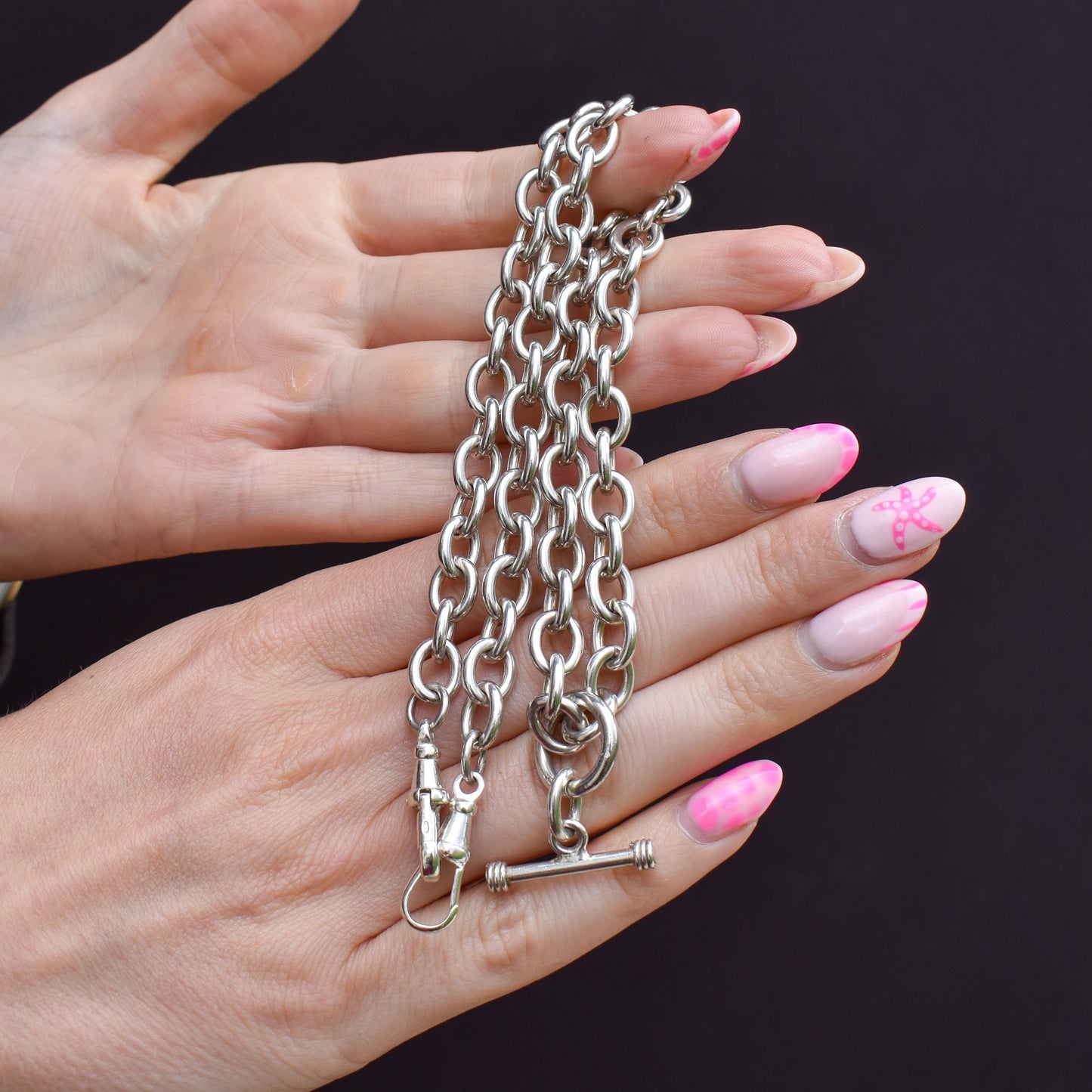 Vintage Sterling Silver Cable Link Watch Chain Necklace with T-Bar and Dog Clips – 19"