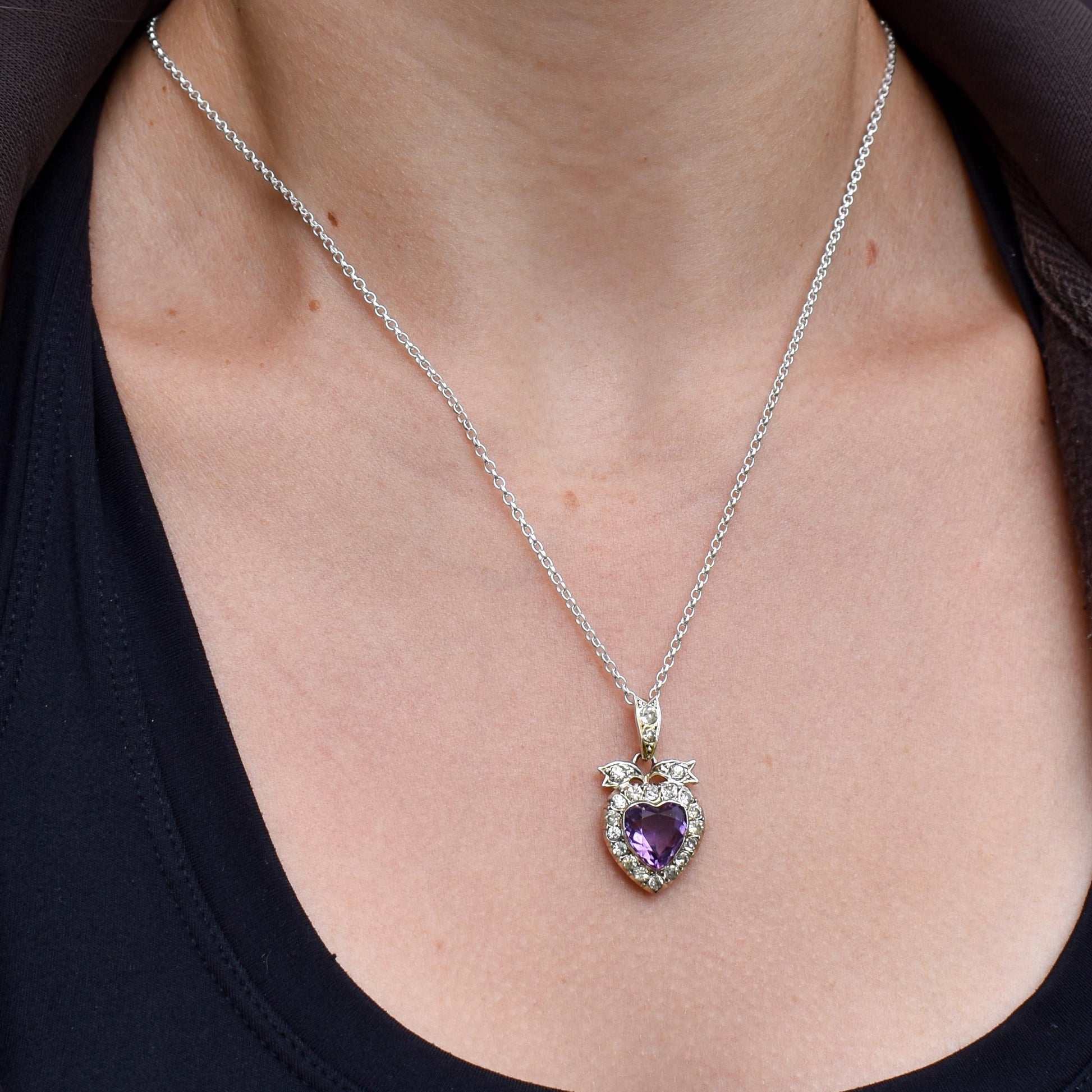 Antique Amethyst Old Cut Paste Silver Heart Pendant Necklace | 18"