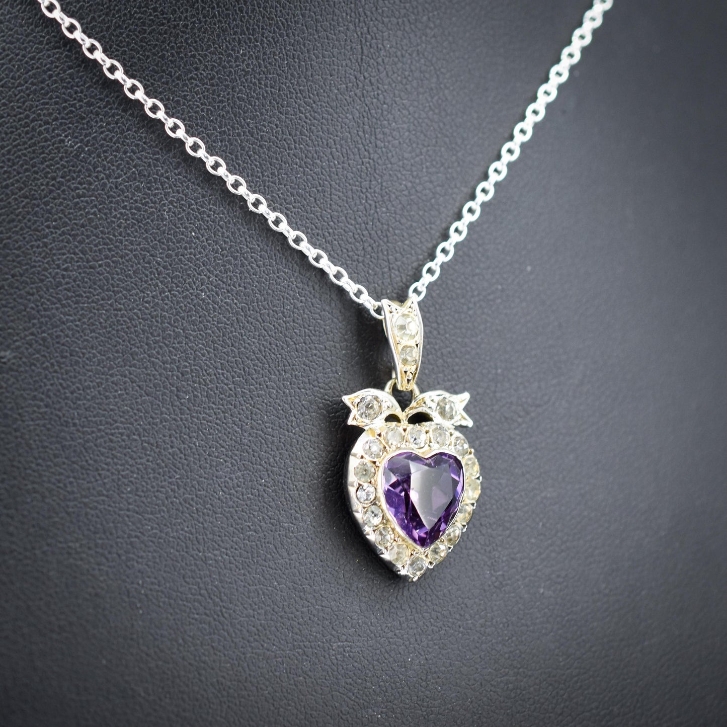Antique Amethyst Old Cut Paste Silver Heart Pendant Necklace | 18"