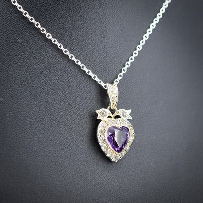 Antique Amethyst Old Cut Paste Silver Heart Pendant Necklace | 18"