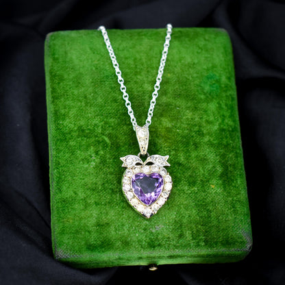 Antique Amethyst Old Cut Paste Silver Heart Pendant Necklace | 18"
