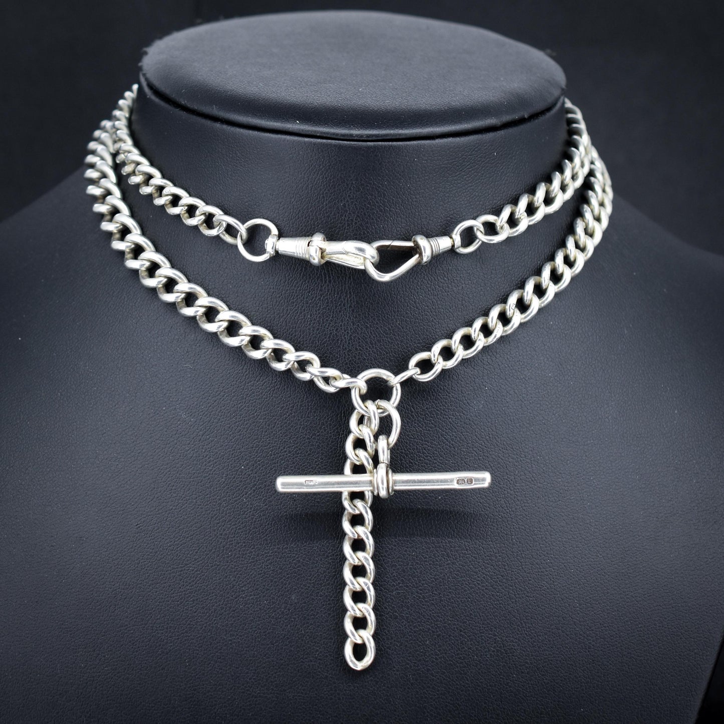 Antique 83g Sterling Silver Chunky Curb Link Albert Watch Chain Necklace – 25"