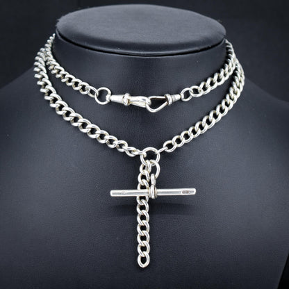 Antique 83g Sterling Silver Chunky Curb Link Albert Watch Chain Necklace – 25"