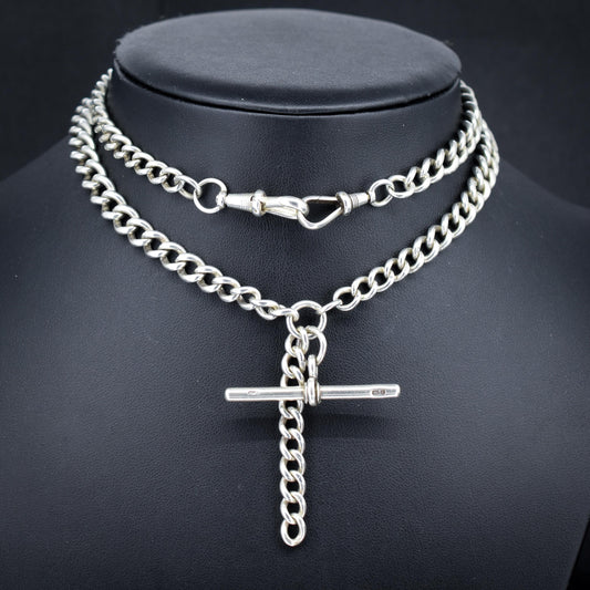 Antique 83g Sterling Silver Chunky Curb Link Albert Watch Chain Necklace – 25"