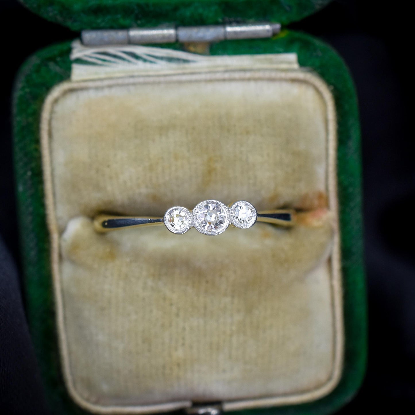 Antique Old Cut Diamond Bezel Set Three Stone 18ct Yellow Gold Ring
