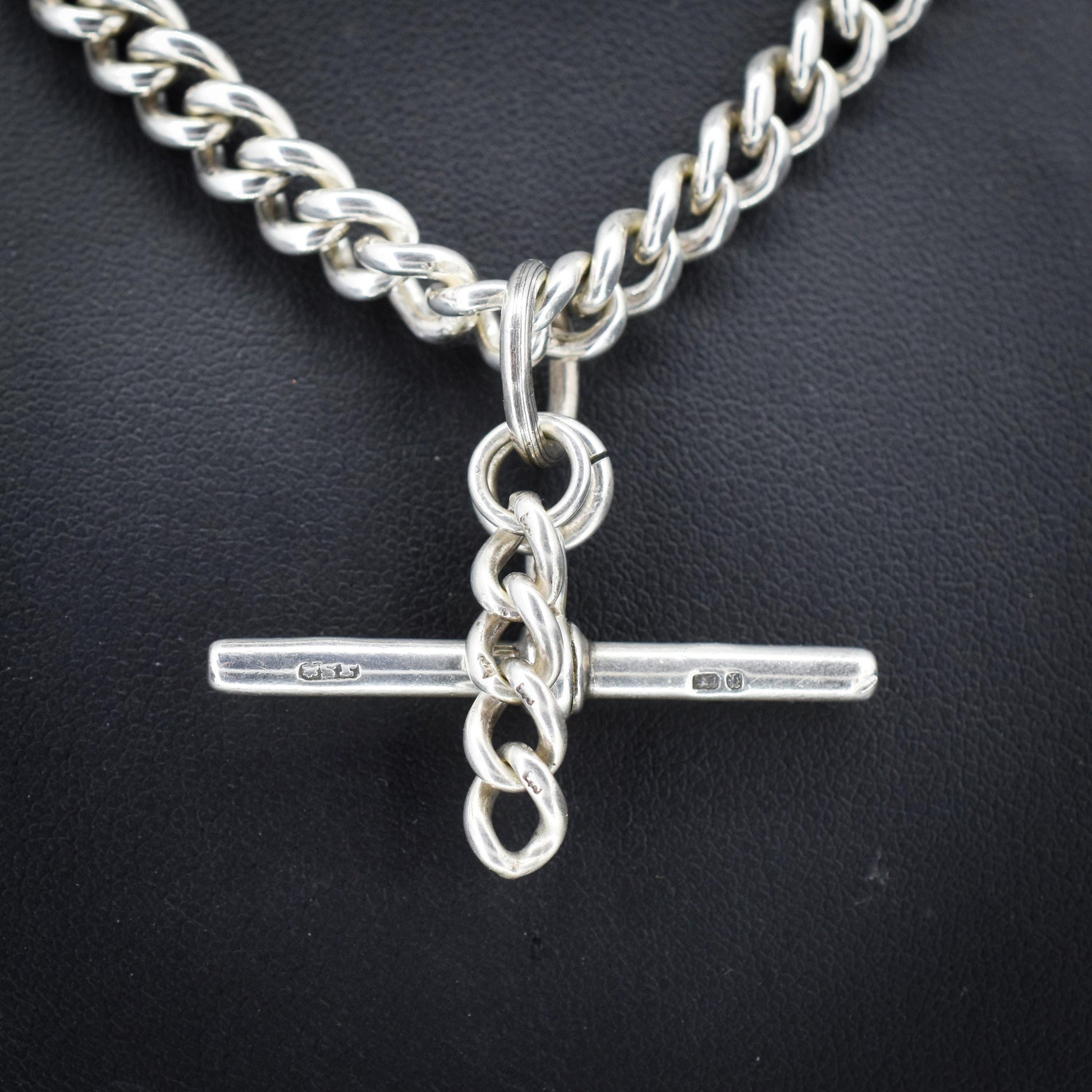 Antique 20.5" Sterling Silver Uniform Curb Link Chain Necklace with Double Dog Clip and T-bar