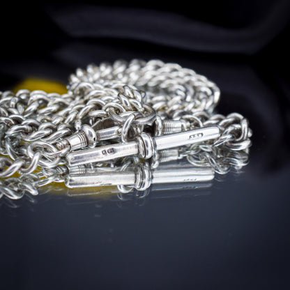 Antique 20.5" Sterling Silver Uniform Curb Link Chain Necklace with Double Dog Clip and T-bar