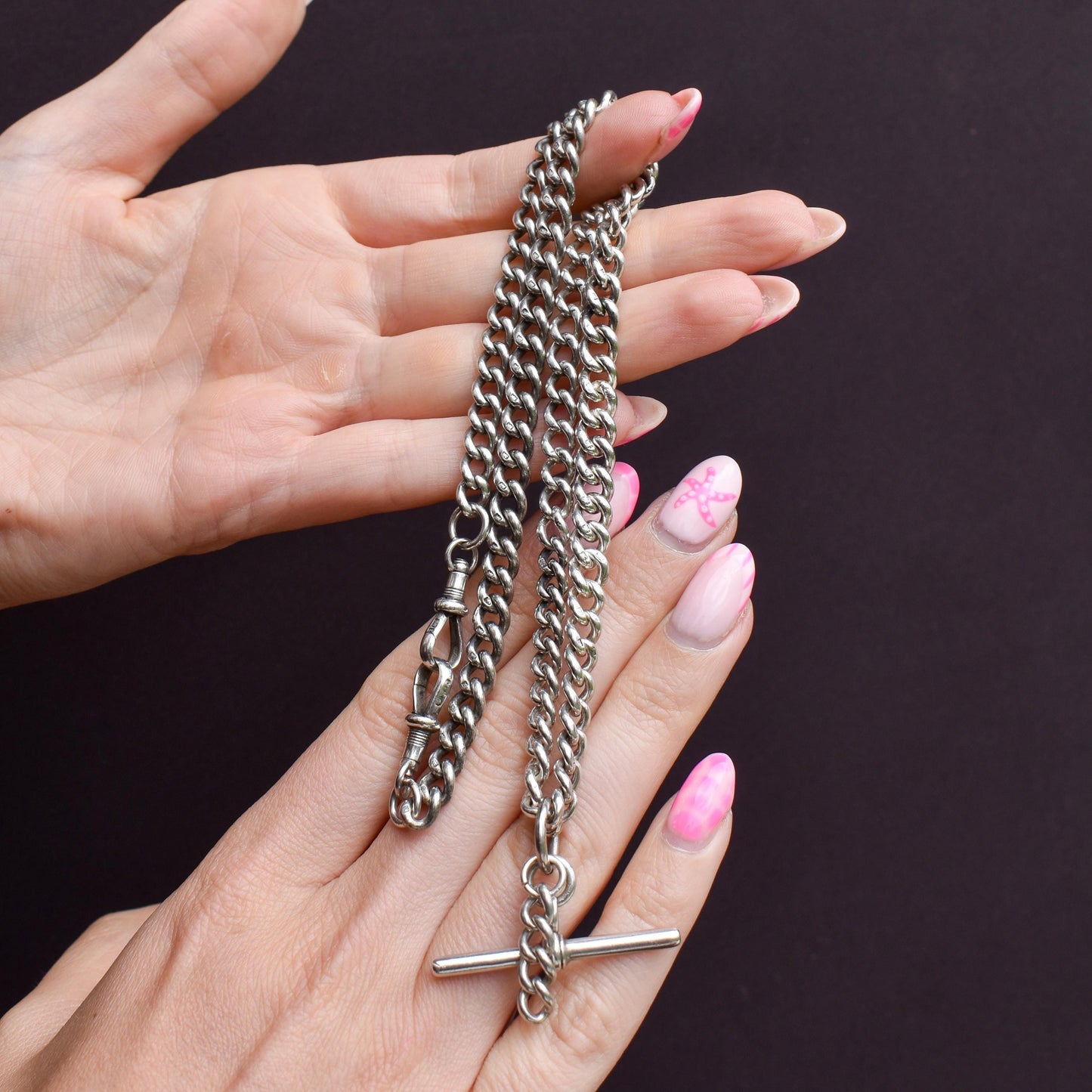 Antique 20.5" Sterling Silver Uniform Curb Link Chain Necklace with Double Dog Clip and T-bar