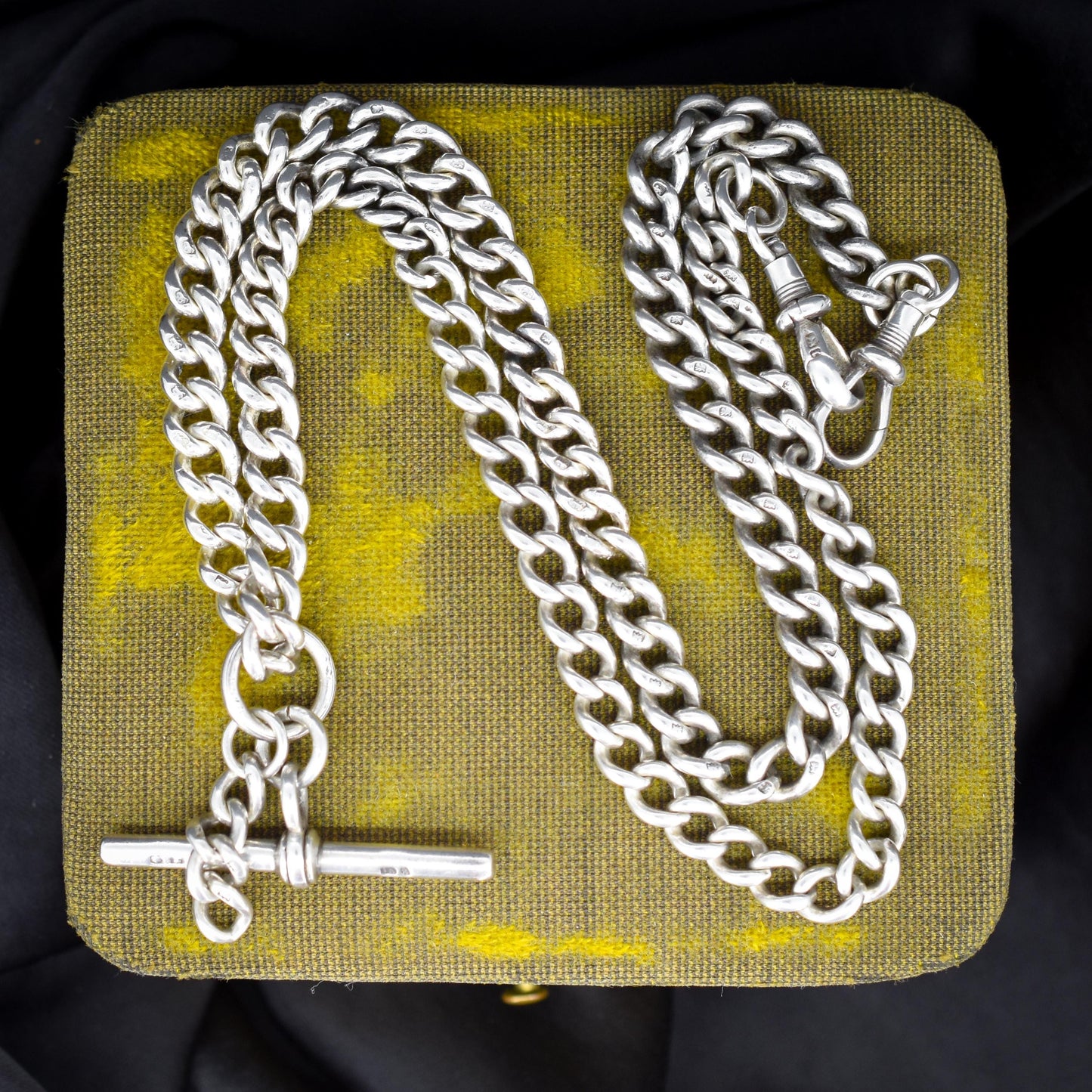 Antique 20.5" Sterling Silver Uniform Curb Link Chain Necklace with Double Dog Clip and T-bar
