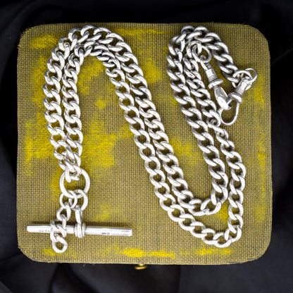 Antique 20.5" Sterling Silver Uniform Curb Link Chain Necklace with Double Dog Clip and T-bar