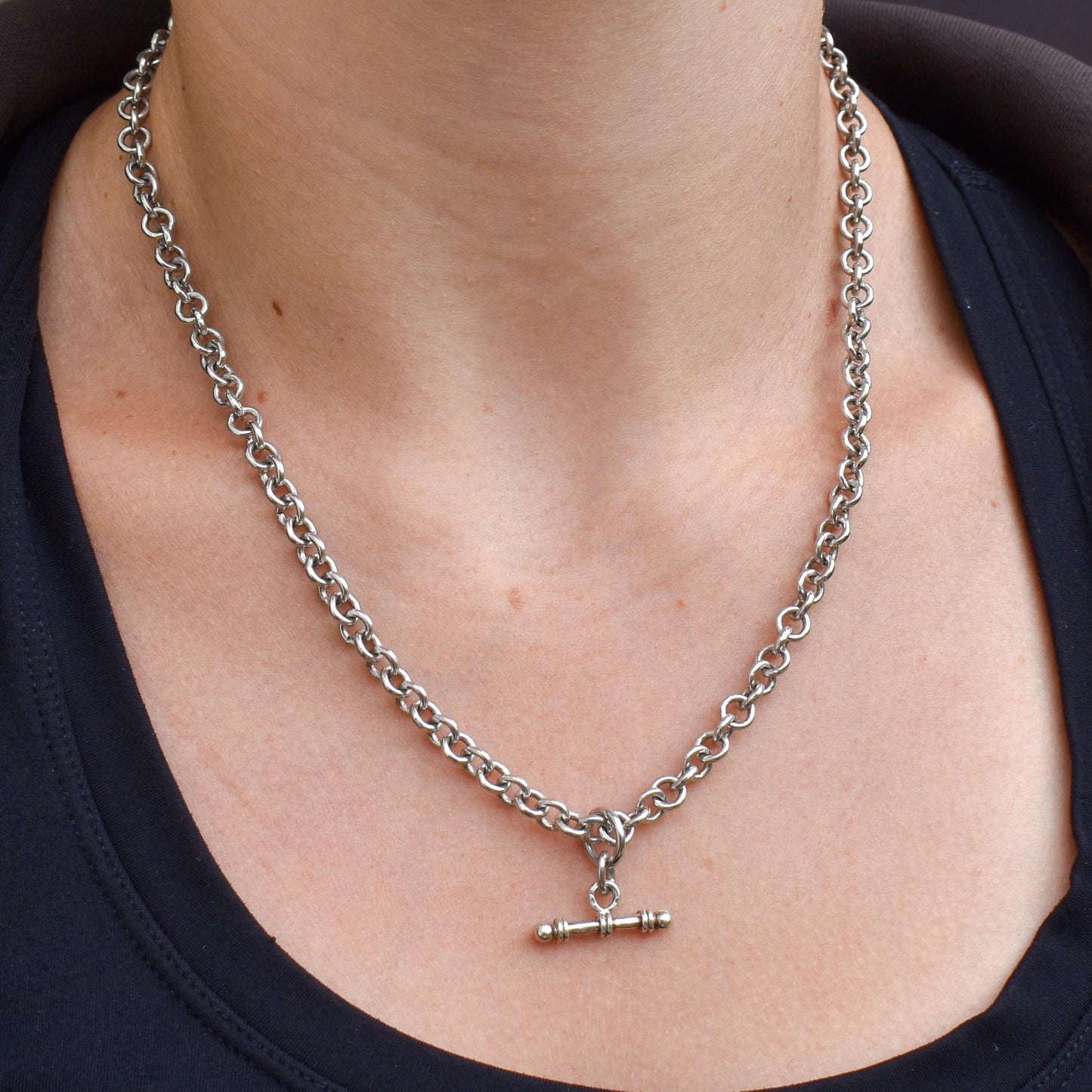 Vintage Sterling Silver Rolo Round Link Watch Chain Necklace with T-Bar and Dog Clips – 18"