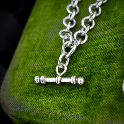 Vintage Sterling Silver Rolo Round Link Watch Chain Necklace with T-Bar and Dog Clips – 18"