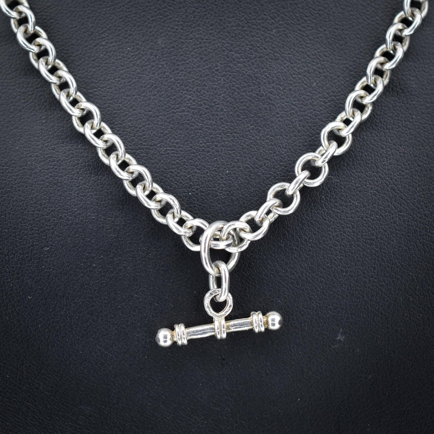Vintage Sterling Silver Rolo Round Link Watch Chain Necklace with T-Bar and Dog Clips – 18"