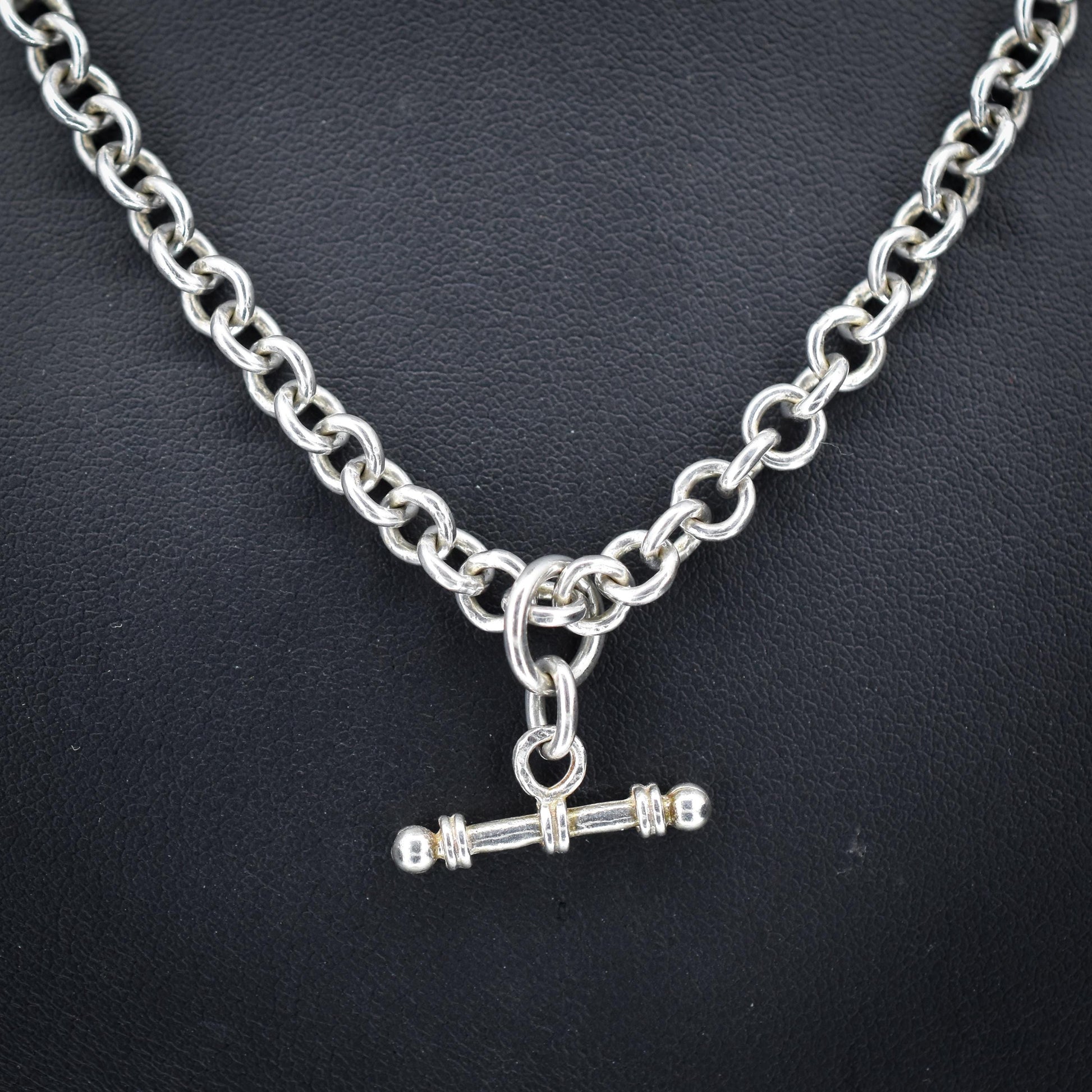 Vintage Sterling Silver Rolo Round Link Watch Chain Necklace with T-Bar and Dog Clips – 18"