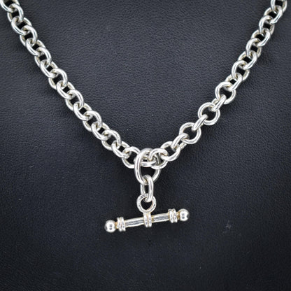 Vintage Sterling Silver Rolo Round Link Watch Chain Necklace with T-Bar and Dog Clips – 18"