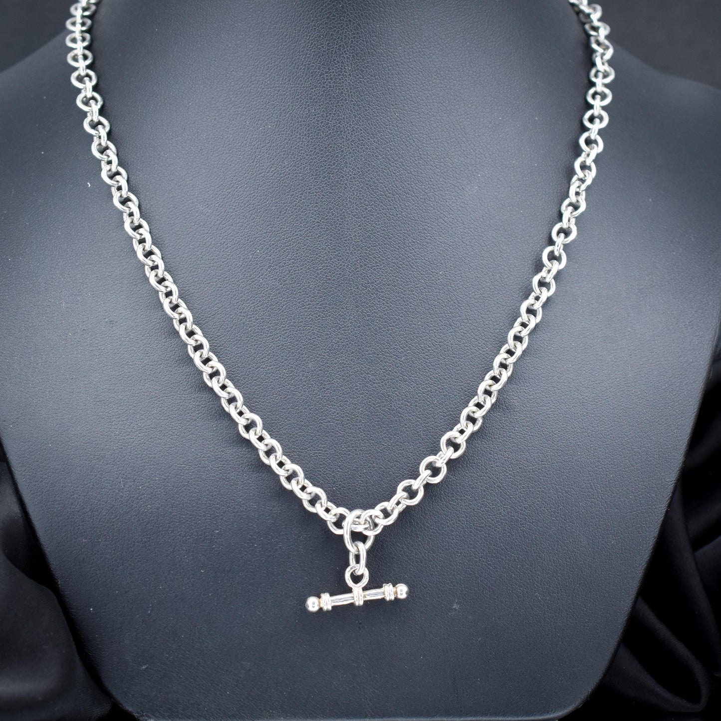 Vintage Sterling Silver Rolo Round Link Watch Chain Necklace with T-Bar and Dog Clips – 18"