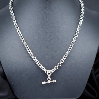 Vintage Sterling Silver Rolo Round Link Watch Chain Necklace with T-Bar and Dog Clips – 18"