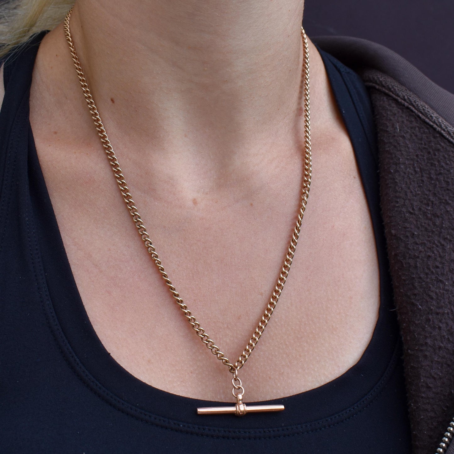 Vintage 20" 9ct Rose Gold Curb Link Double Albert Watch Chain Necklace