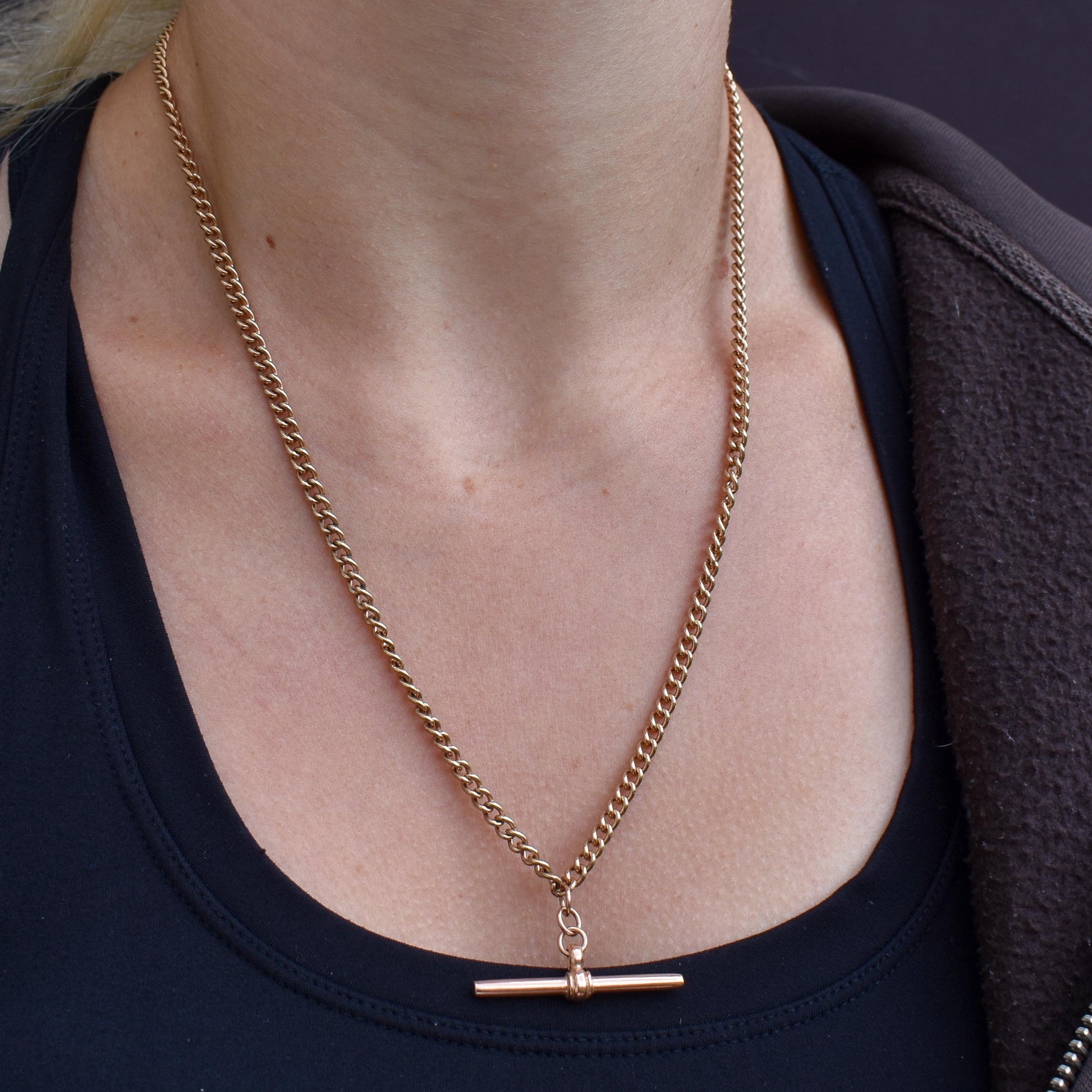 Vintage 20" 9ct Rose Gold Curb Link Double Albert Watch Chain Necklace