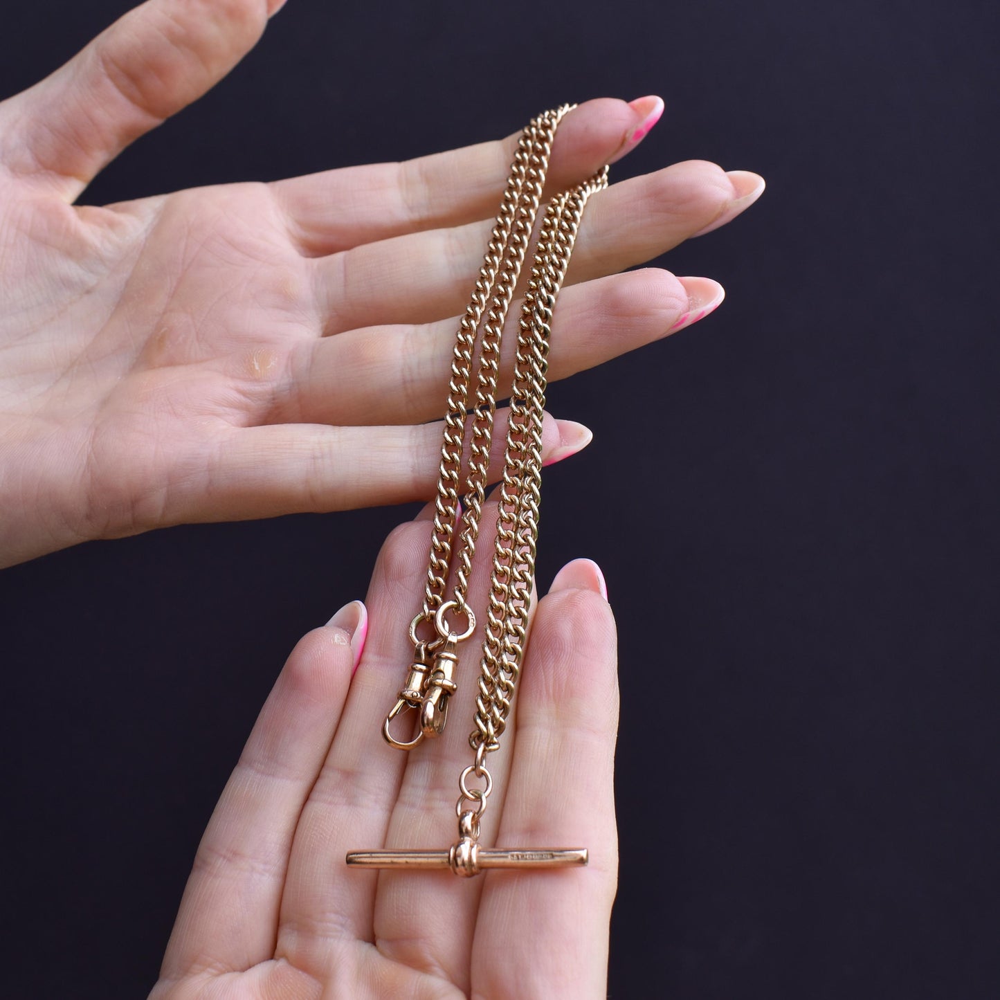 Vintage 20" 9ct Rose Gold Curb Link Double Albert Watch Chain Necklace