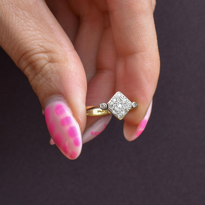 Antique Art Deco Diamond Square Cluster 18ct Yellow Gold and Platinum Ring