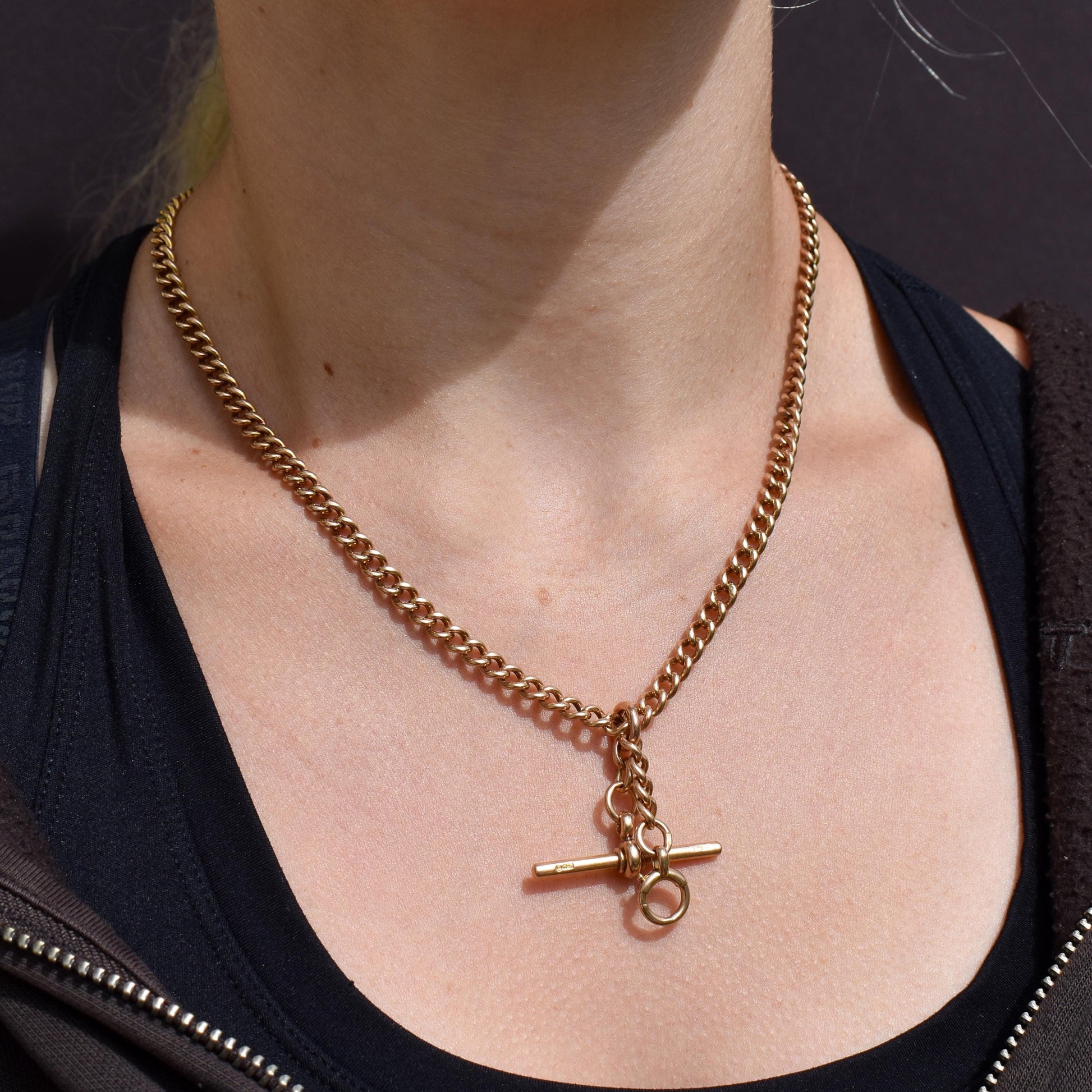 Antique 17.5" 15ct Gold Bolt Ring and Dog Clip Albert Chain Necklace