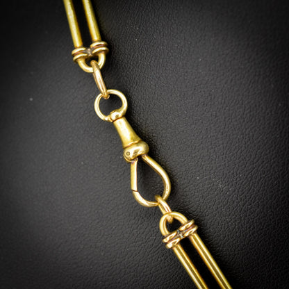 Antique 17" 18ct Yellow Gold Trombone and Love Knot Albert Chain Necklace