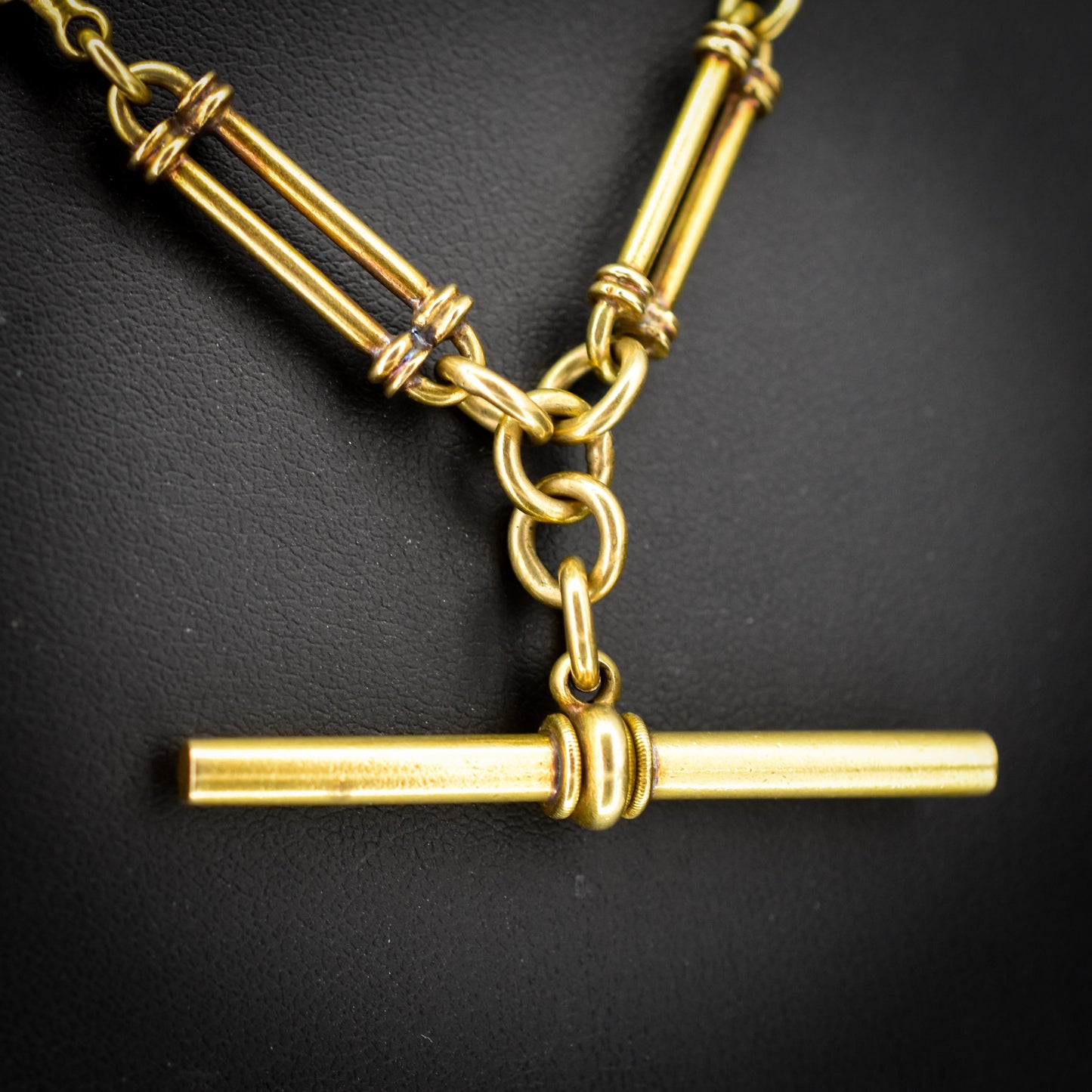 Antique 17" 18ct Yellow Gold Trombone and Love Knot Albert Chain Necklace