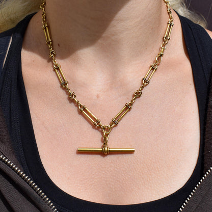 Antique 17" 18ct Yellow Gold Trombone and Love Knot Albert Chain Necklace