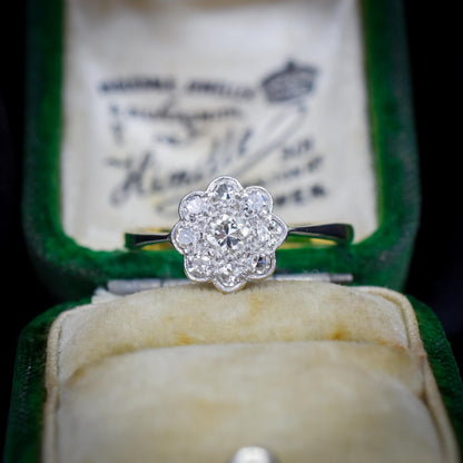 Antique Diamond Cluster Daisy 18ct Yellow Gold and Platinum Ring