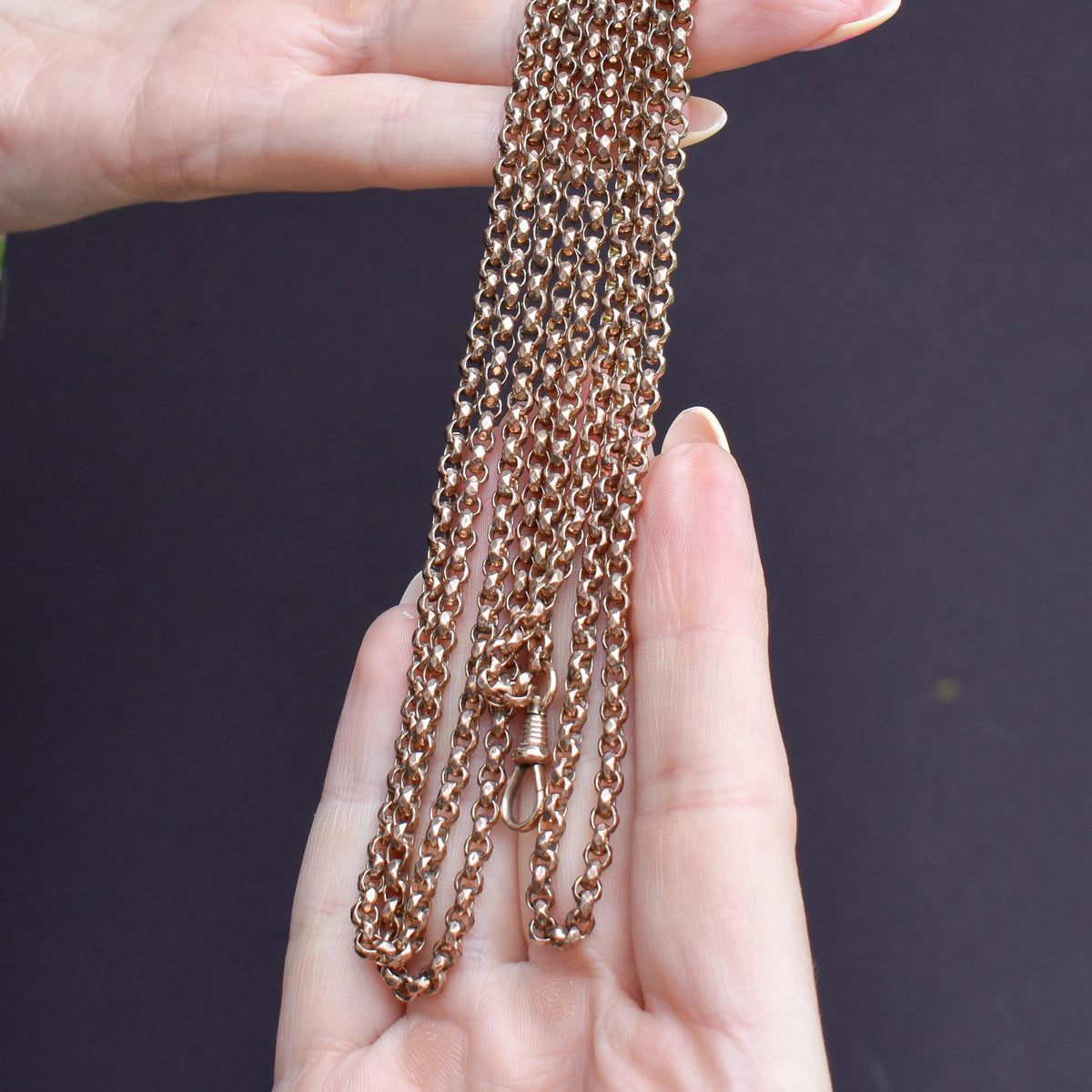Antique Gold Filled Faceted Belcher Link Muff Guard Chain Necklace With Dog Clip | 54"