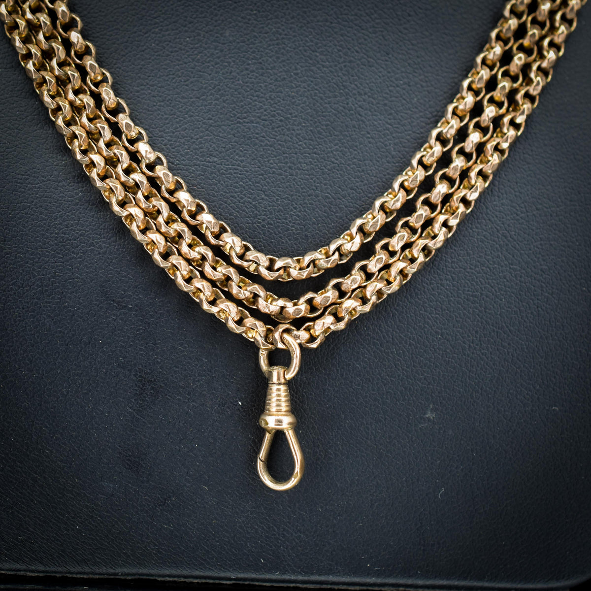 Antique Gold Filled Faceted Belcher Link Muff Guard Chain Necklace With Dog Clip | 54"