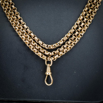 Antique Gold Filled Faceted Belcher Link Muff Guard Chain Necklace With Dog Clip | 54"