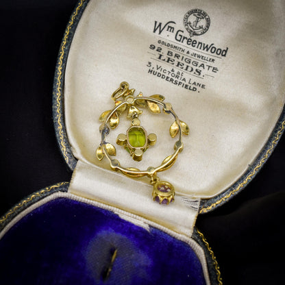 Antique Edwardian Amethyst Peridot and Pearl Lavalier 15ct Gold Pendant | Suffragette