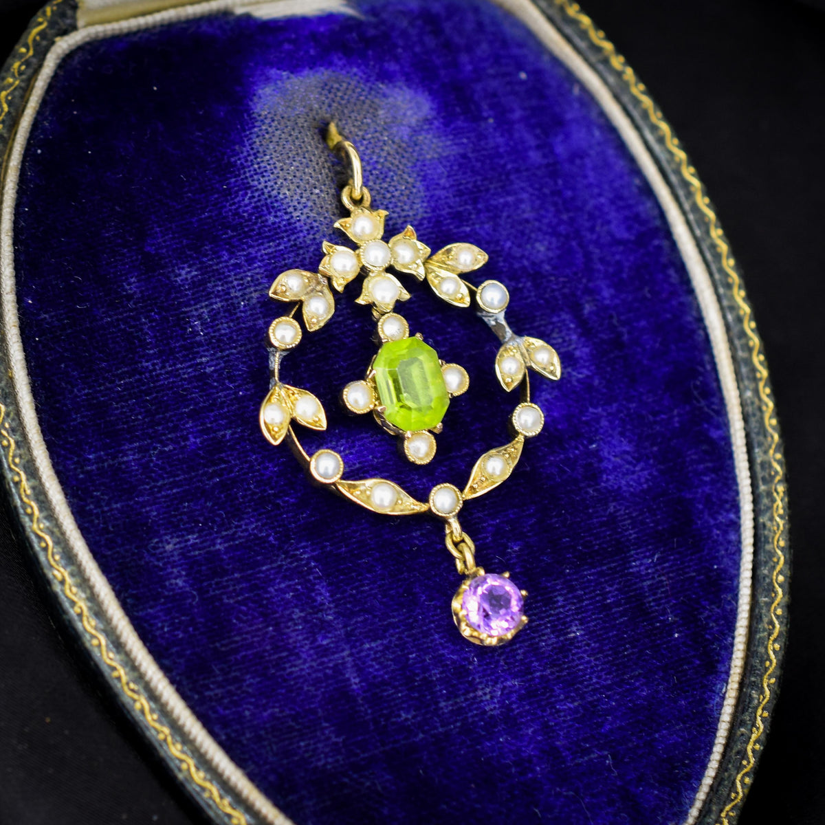 Antique Edwardian Amethyst Peridot and Pearl Lavalier 15ct Gold Pendant | Suffragette
