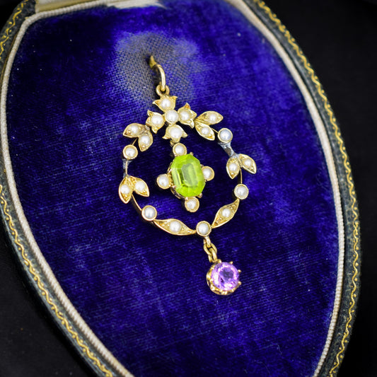 Antique Edwardian Amethyst Peridot and Pearl Lavalier 15ct Gold Pendant | Suffragette
