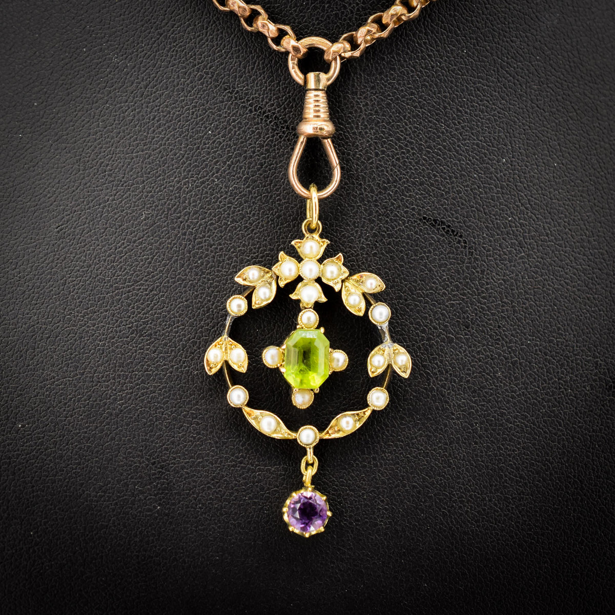 Antique Edwardian Amethyst Peridot and Pearl Lavalier 15ct Gold Pendant | Suffragette