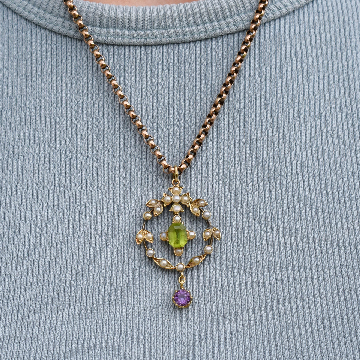Antique Edwardian Amethyst Peridot and Pearl Lavalier 15ct Gold Pendant | Suffragette