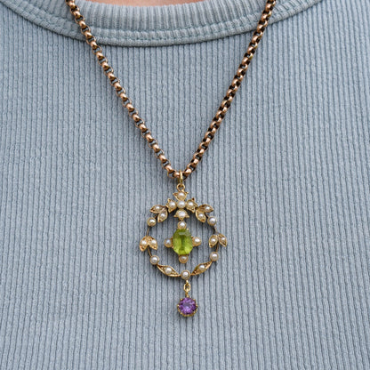 Antique Edwardian Amethyst Peridot and Pearl Lavalier 15ct Gold Pendant | Suffragette
